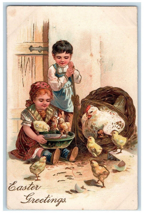 c1910's Easter Greetings Boy Girl Hatched Eggs Chicken Chicks Basket Postcard