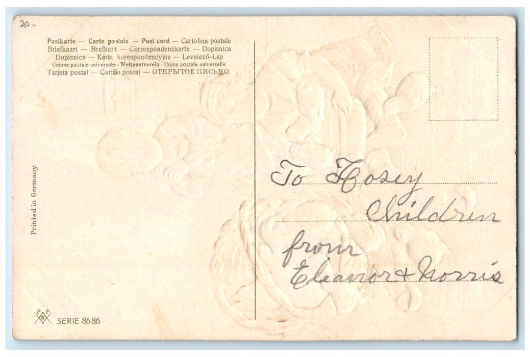 c1910's Easter Greetings Boy Girl Hatched Eggs Chicken Chicks Basket Postcard