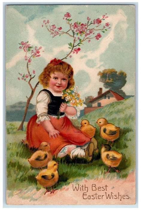 1912 Easter Wishes Cute Girl Flowers Chicks Embossed Fertile Minnesota Postcard