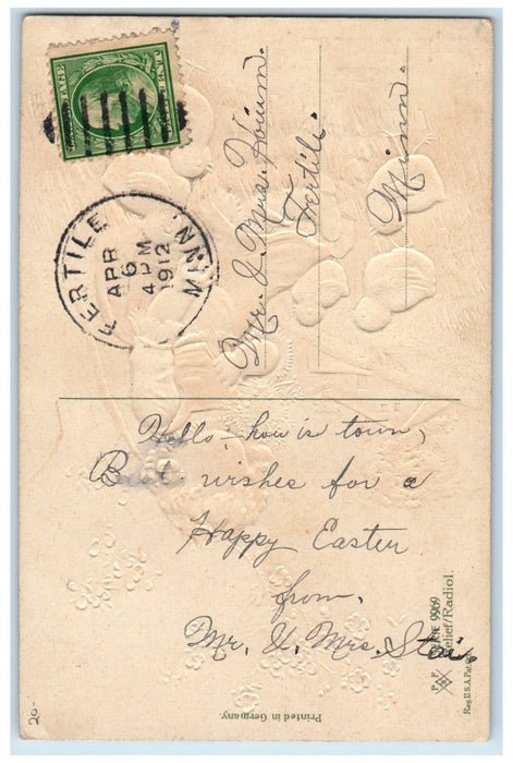 1912 Easter Wishes Cute Girl Flowers Chicks Embossed Fertile Minnesota Postcard