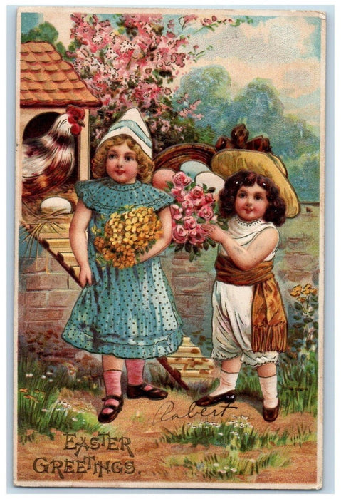 1910 Easter Greetings Girls Flowers Chicken Eggs Embossed Antique Postcard