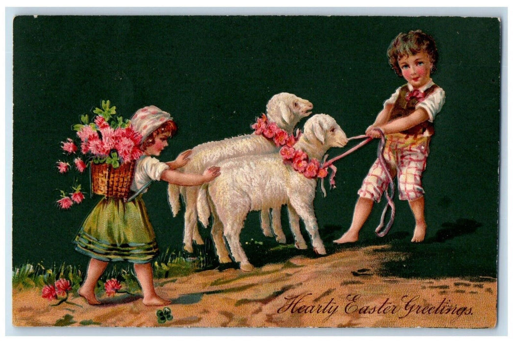 1908 Easter Greetings Girl Boy Pulling Lamb Pink Roses Shamrock Antique Postcard