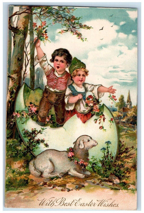 c1910's Easter Wishes Giant Hatched Egg Boy Girl Flowers Goat Embossed Postcard