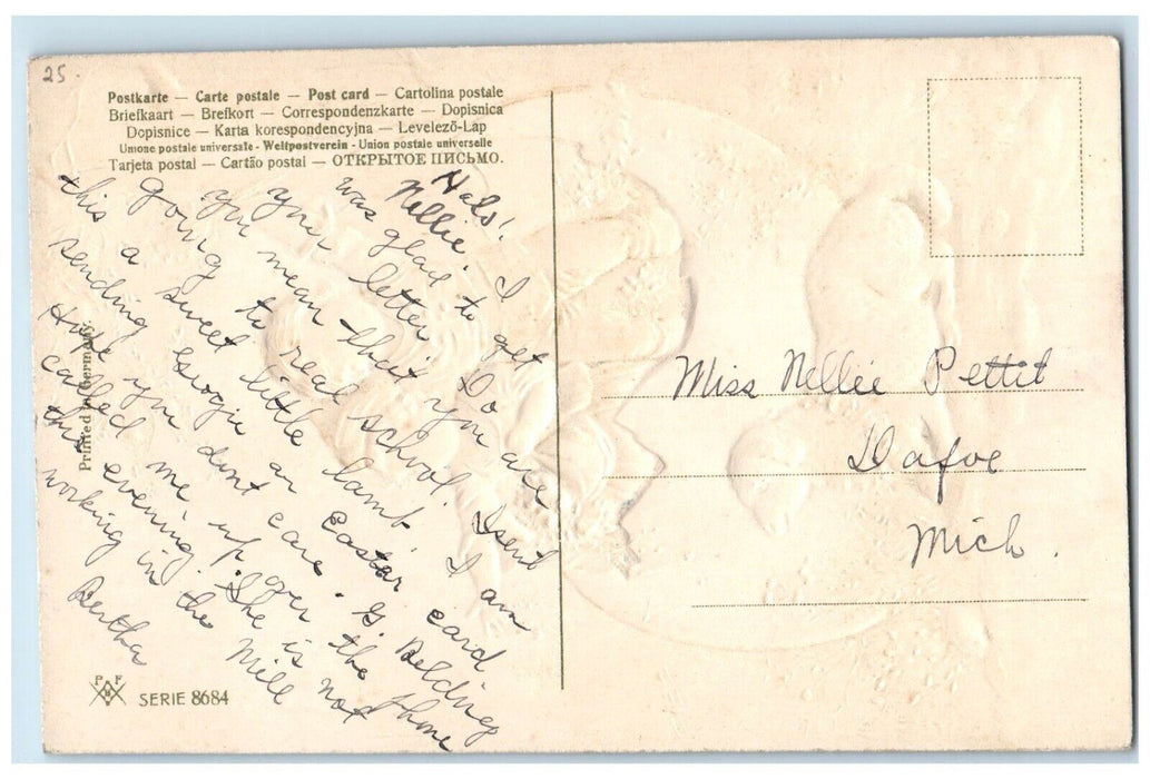 c1910's Easter Wishes Giant Hatched Egg Boy Girl Flowers Goat Embossed Postcard