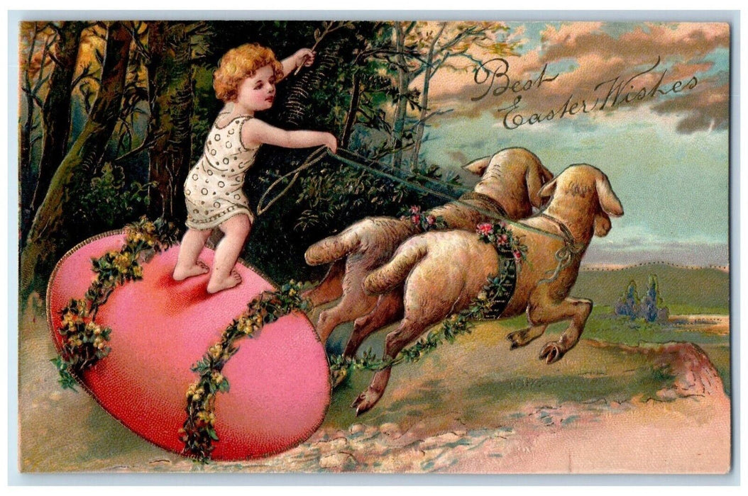 c1910's Easter Wishes Little Girl Giant Egg Pulling Lamb Embossed Postcard