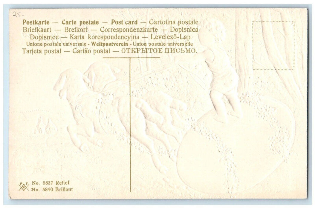 c1910's Easter Wishes Little Girl Giant Egg Pulling Lamb Embossed Postcard