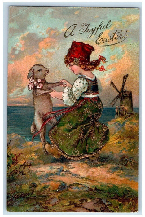 1907 Easter Girl Lamb Windmill Embossed St. Louis Missouri MO Antique Postcard