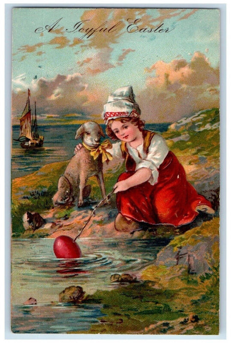 c1910's Easter Dutch Girl Lamb Egg Boat Embossed Posted Antique Postcard