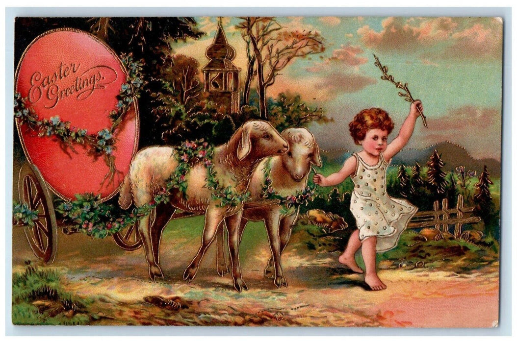 1908 Easter Greetings Girl Lamb Pulling Cart Church Pansies Embossed Postcard