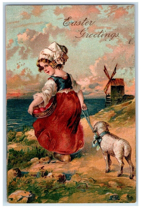 c1910's Easter Greetings Girl Lamb Basket Of Eggs Windmill Embossed Postcard