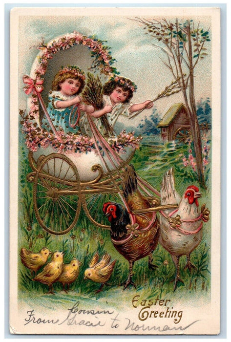Easter Greetings Rooster Chicken Pulling Cart Egg Flowers Embossed Postcard