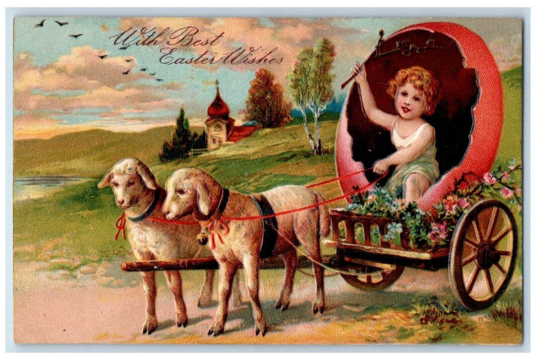 c1910's Easter Wishes Lamb Pulling Cart Hatched Egg Flowers Embossed Postcard