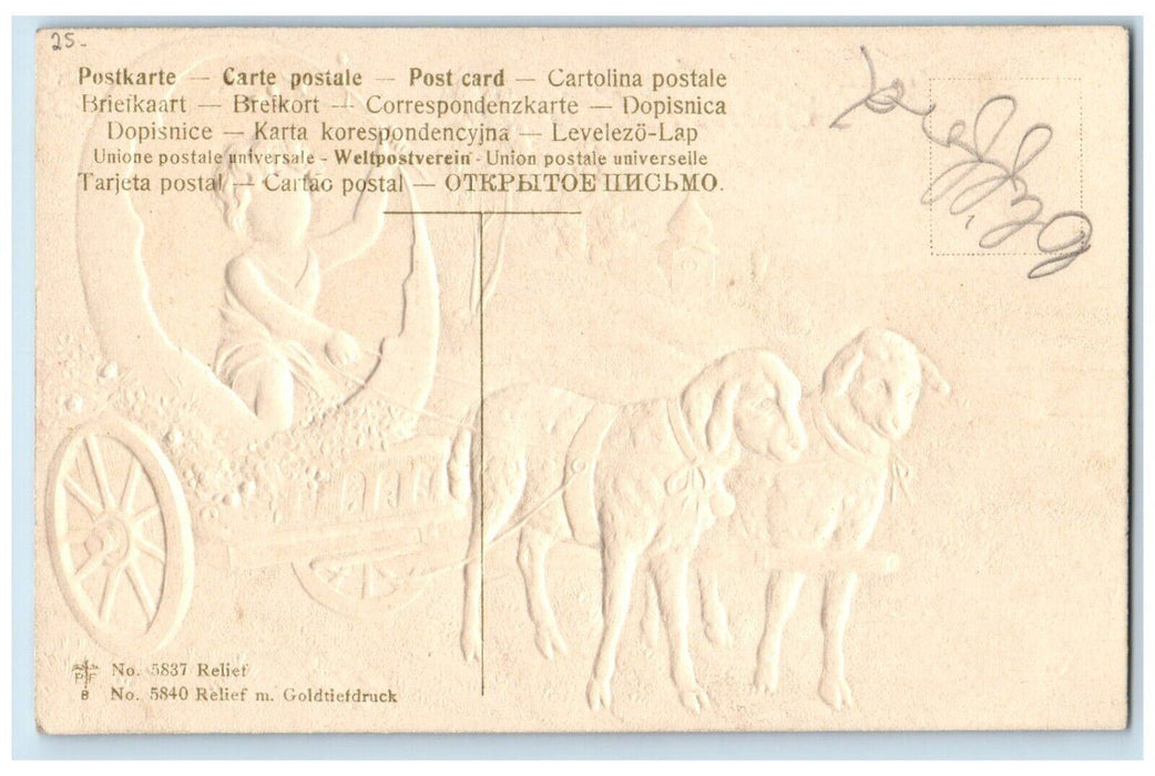 c1910's Easter Wishes Lamb Pulling Cart Hatched Egg Flowers Embossed Postcard