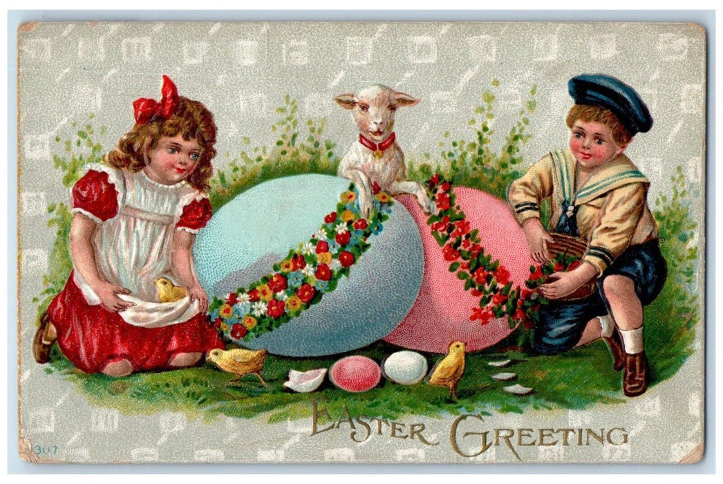 1910 Easter Greetings Boy Girl Eggs Lamb Chick Flowers Embossed Antique Postcard