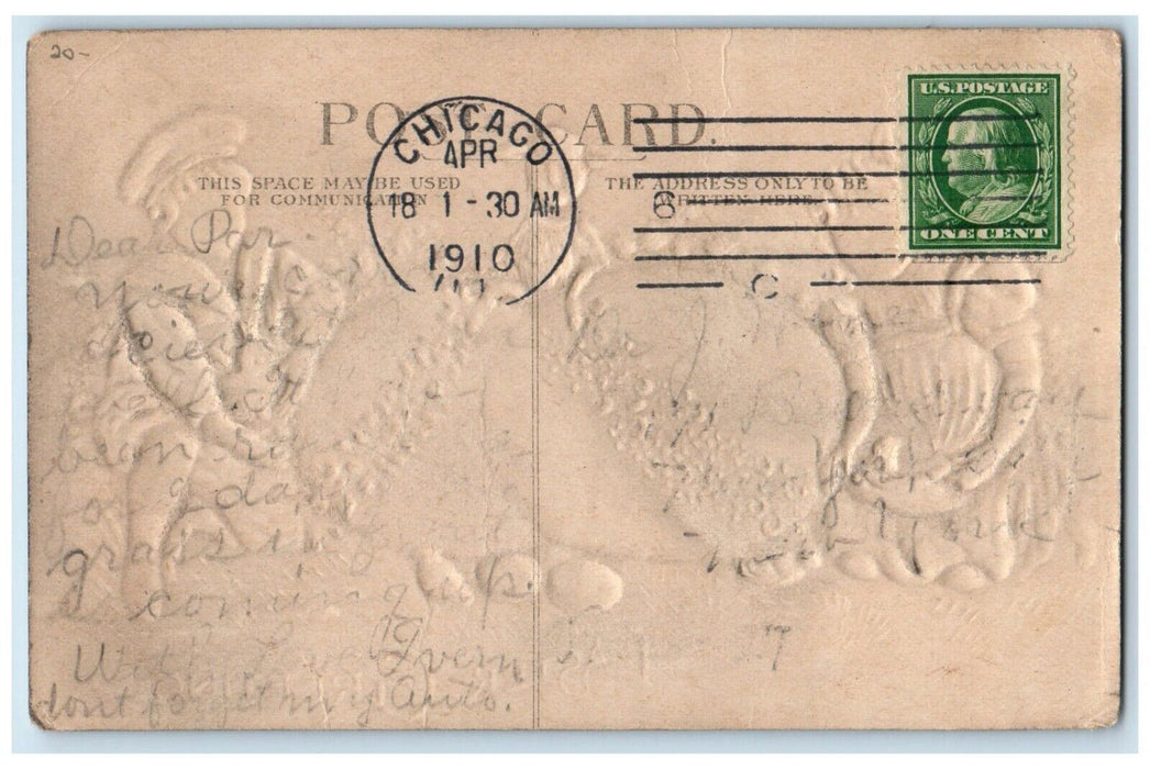 1910 Easter Greetings Boy Girl Eggs Lamb Chick Flowers Embossed Antique Postcard