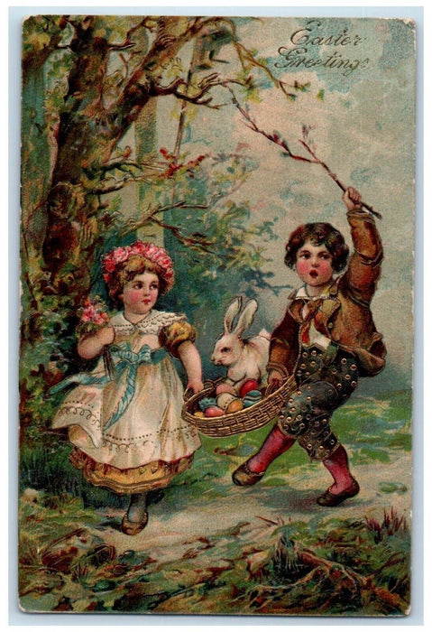 c1910's Easter Greetings Boy Girl Basket Of Eggs Rabbit Embossed Postcard