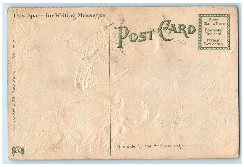 c1910's Easter Greetings Boy Girl Basket Of Eggs Rabbit Embossed Postcard