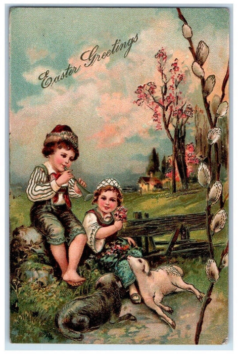 1908 Easter Greetings Boy Girl Lamb Flute Flowers Embossed Antique Postcard