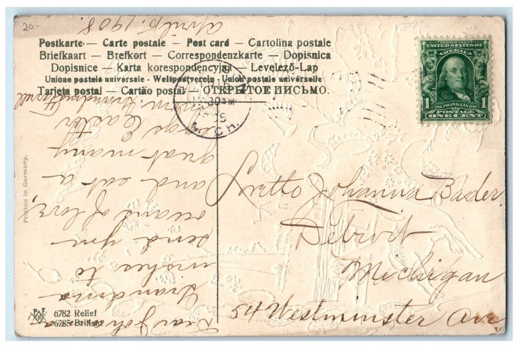 1908 Easter Greetings Boy Girl Lamb Flute Flowers Embossed Antique Postcard