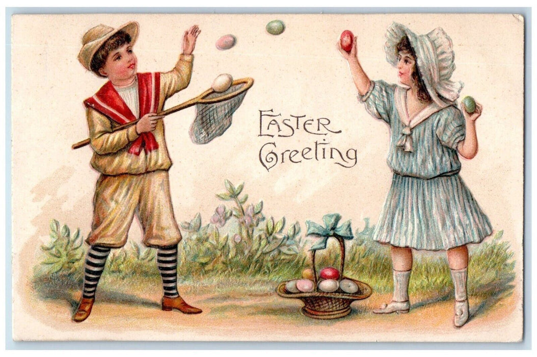1906 Easter Greetings Boy Girl Playing Eggs Cached Basket Embossed Postcard