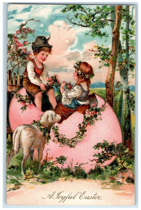 c1910's Easter Giant Hatched Egg Boy Girl Lamb Flowers Embossed Antique Postcard