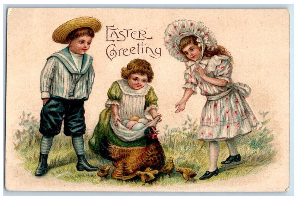 c1910's Easter Greeting Childrens Eggs Chicken Hen Chicks Embossed Postcard
