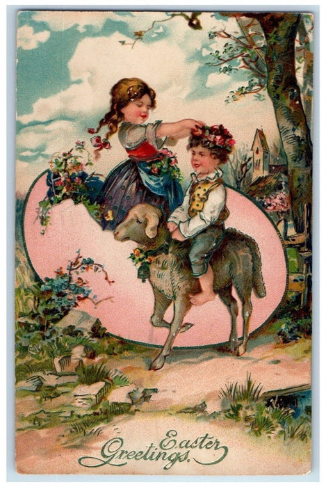 1908 Easter Greetings Giant Hatched Egg Lamb Boy Girl Embossed Antique Postcard