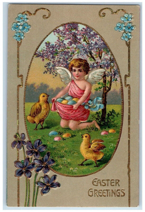c1910's Easter Greetings Angel Eggs Chicks Pansies Flowers Embossed Postcard