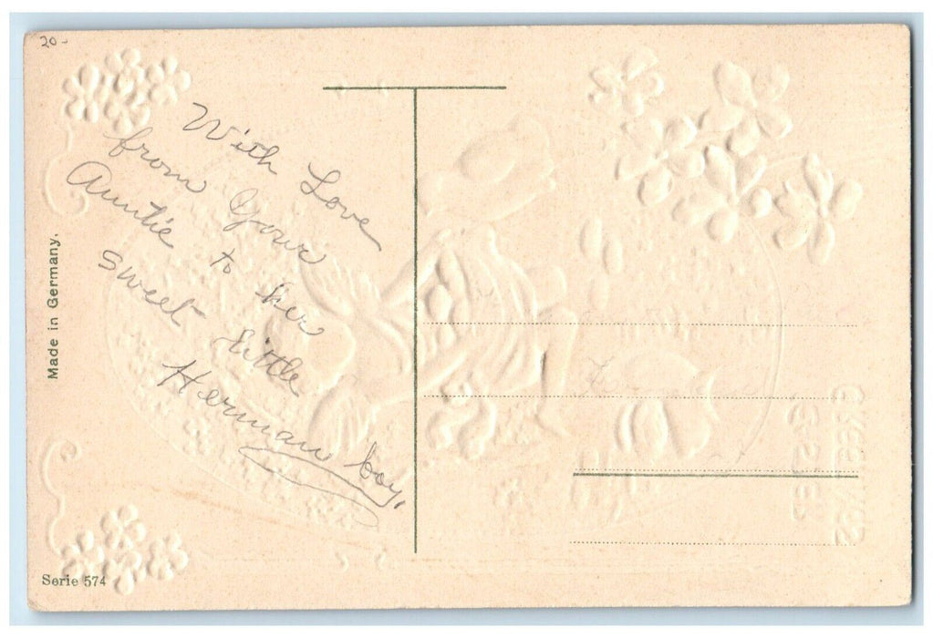 c1910's Easter Greetings Angel Eggs Chicks Pansies Flowers Embossed Postcard