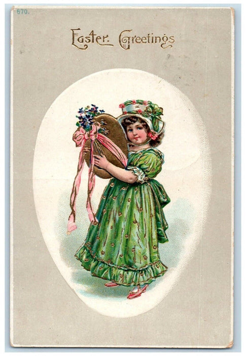 1908 Easter Greetings Pretty Girl Gold Egg Flowers Ribbon Embossed Postcard