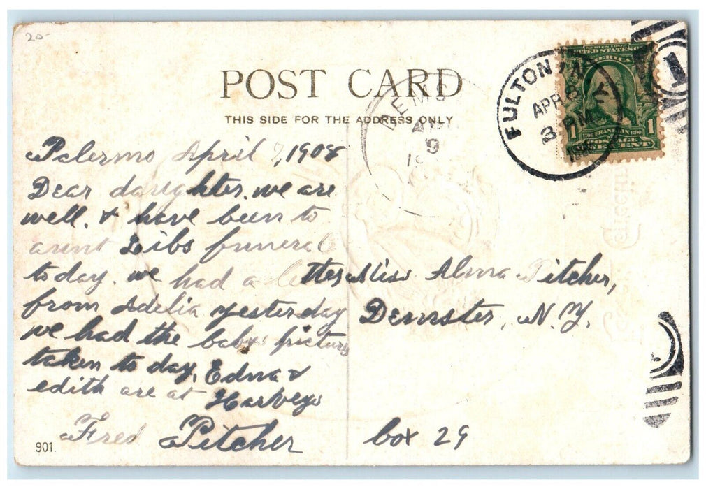 1908 Easter Greetings Pretty Girl Gold Egg Flowers Ribbon Embossed Postcard