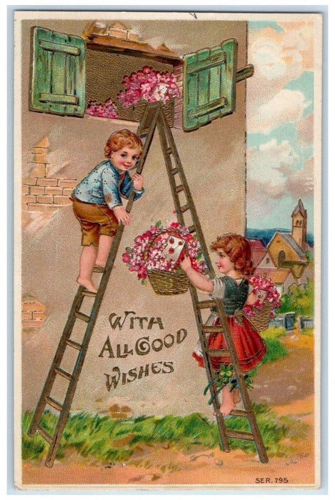 Easter Wishes Boy Girl Ladder Pansies Flowers In Basket Embossed Postcard