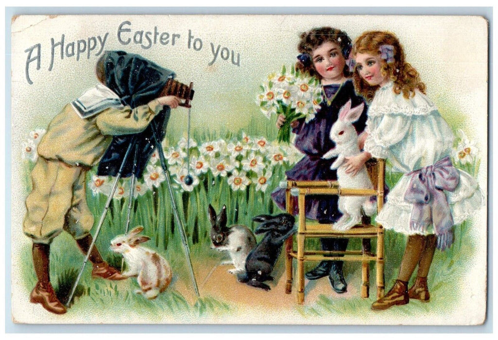 1911 Happy Easter Girls Rabbits Flowers Photographer Embossed Tuck's Postcard