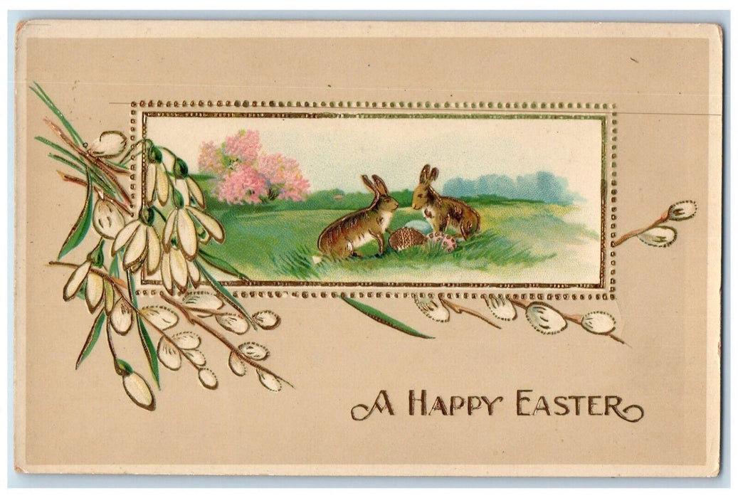 c1910's Happy Easter Lily Flowers Rabbits Egg Gel Gold Gilet Embossed Postcard