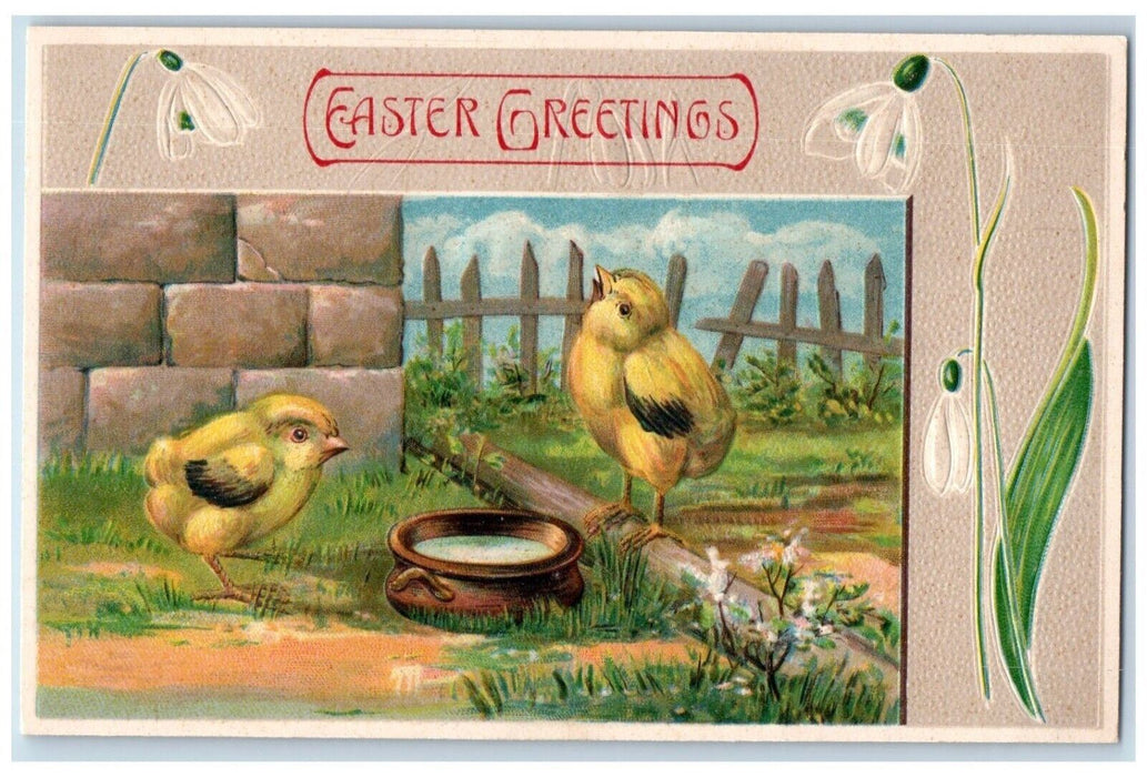 c1910's Easter Greetings Chicks Lily Flowers Embossed Unposted Antique Postcard