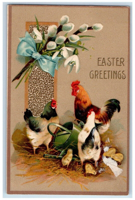 1910 Easter Greetings Rooster Chicken Chicks Flowers Ribbon Embossed Postcard
