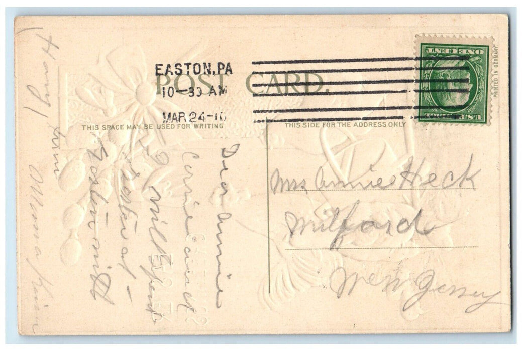 1910 Easter Greetings Rooster Chicken Chicks Flowers Ribbon Embossed Postcard