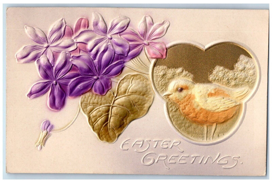 c1910's Easter Greetings Chick Pansies Flowers Airbrushed Embossed Postcard