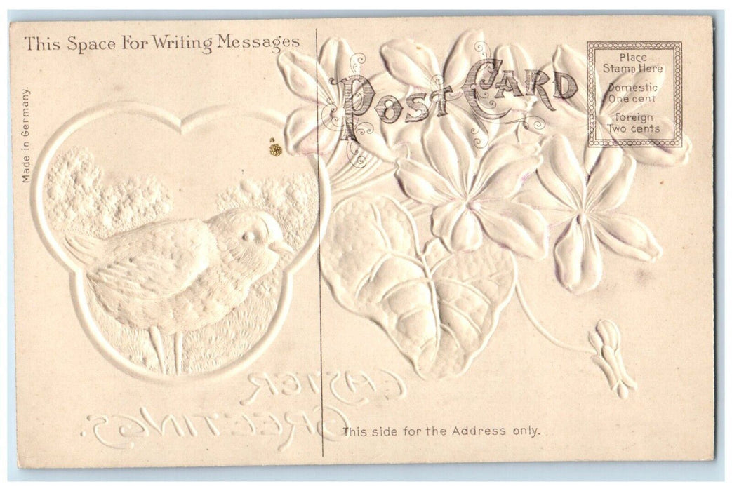 c1910's Easter Greetings Chick Pansies Flowers Airbrushed Embossed Postcard