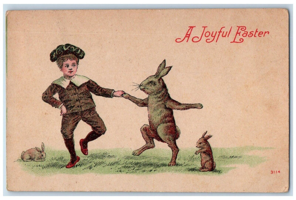 1912 Easter Boy And Anthropomorphic Rabbit Bunny Dancing Antique Postcard