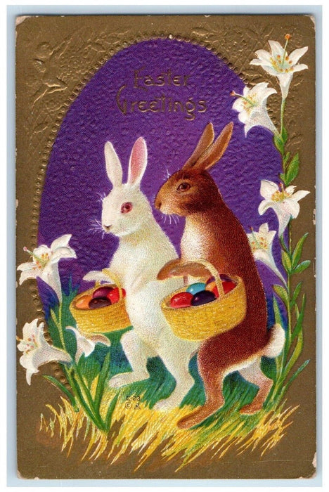 c1910's Easter Greetings Anthropomorphic Rabbit Basket Eggs Flowers Postcard