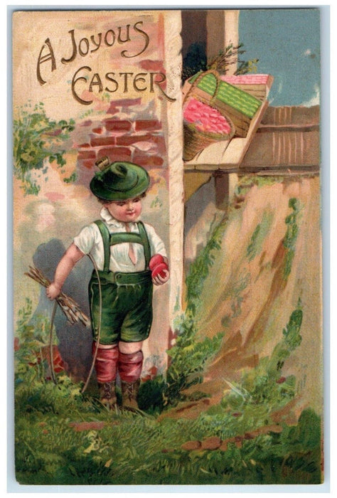 c1910's Easter Little Boy Basket Eggs Embossed Posted Antique Postcard