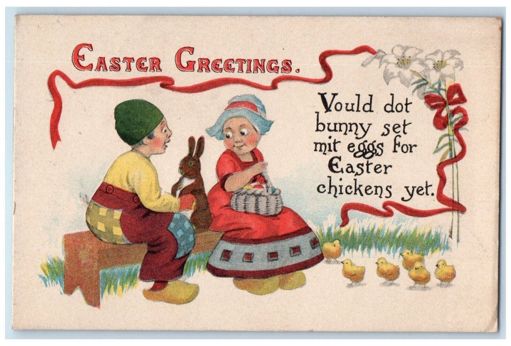 1915 Easter Greetings Dutch Boy Girl Bunny Rabbit Chicks Lily Flowers Postcard