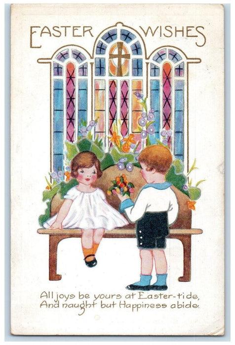 c1920's Easter Wishes Boy Girl Flowers Church Posted Antique Postcard
