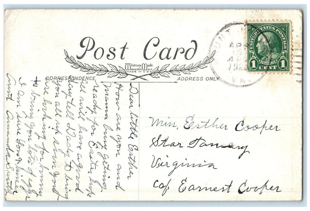 c1920's Easter Wishes Boy Girl Flowers Church Posted Antique Postcard