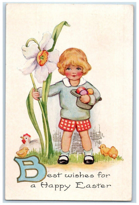 1925 Easter Wishes Little Girl Giant Flower Egg Hat Chicken Hen Chicks Postcard