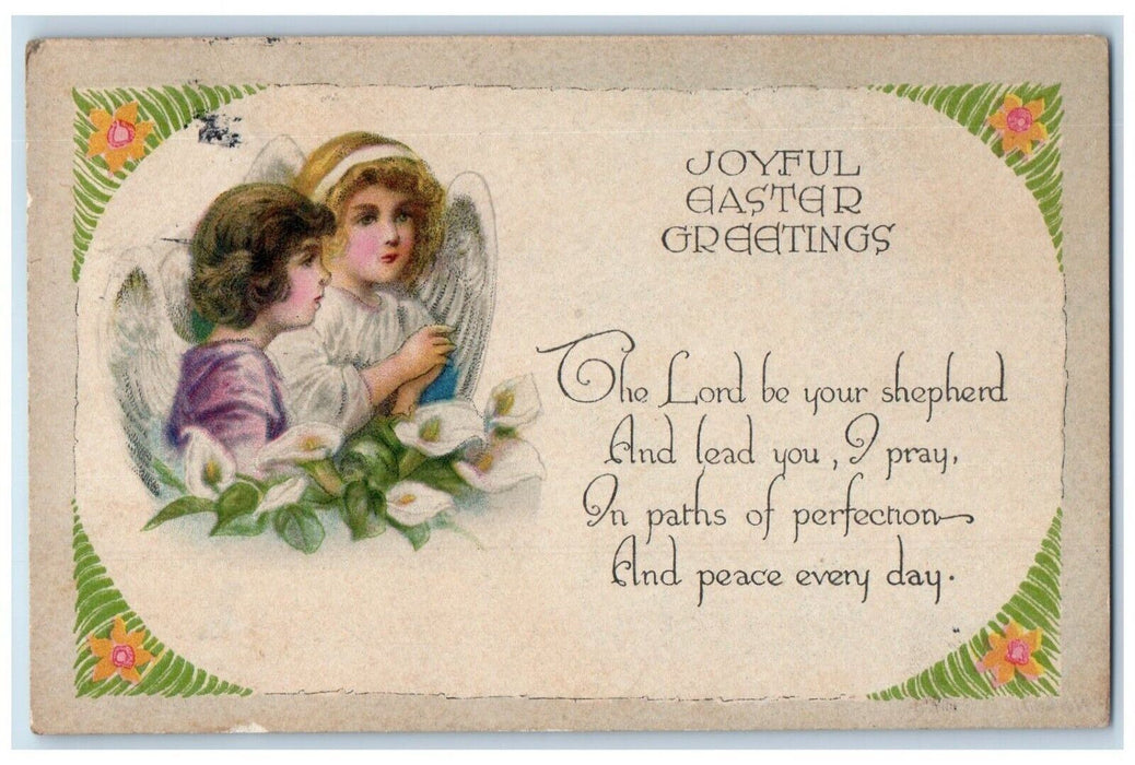 c1910's Joyful Easter Greetings Angels White Flowers Posted Antique Postcard