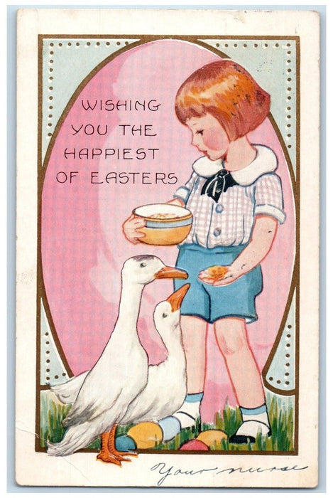 c1920's Easter Little Girl Feed Ducks Eggs Embossed Posted Antique Postcard