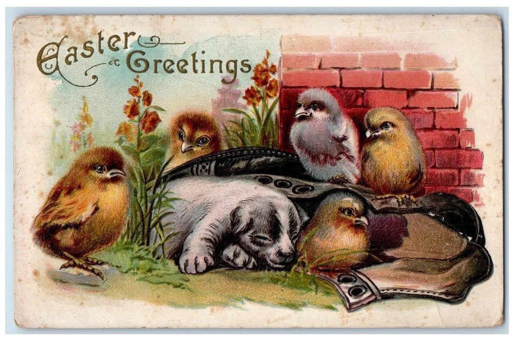 c1910's Easter Greetings Dog Puppy Chicks Flowers Embossed Antique Postcard