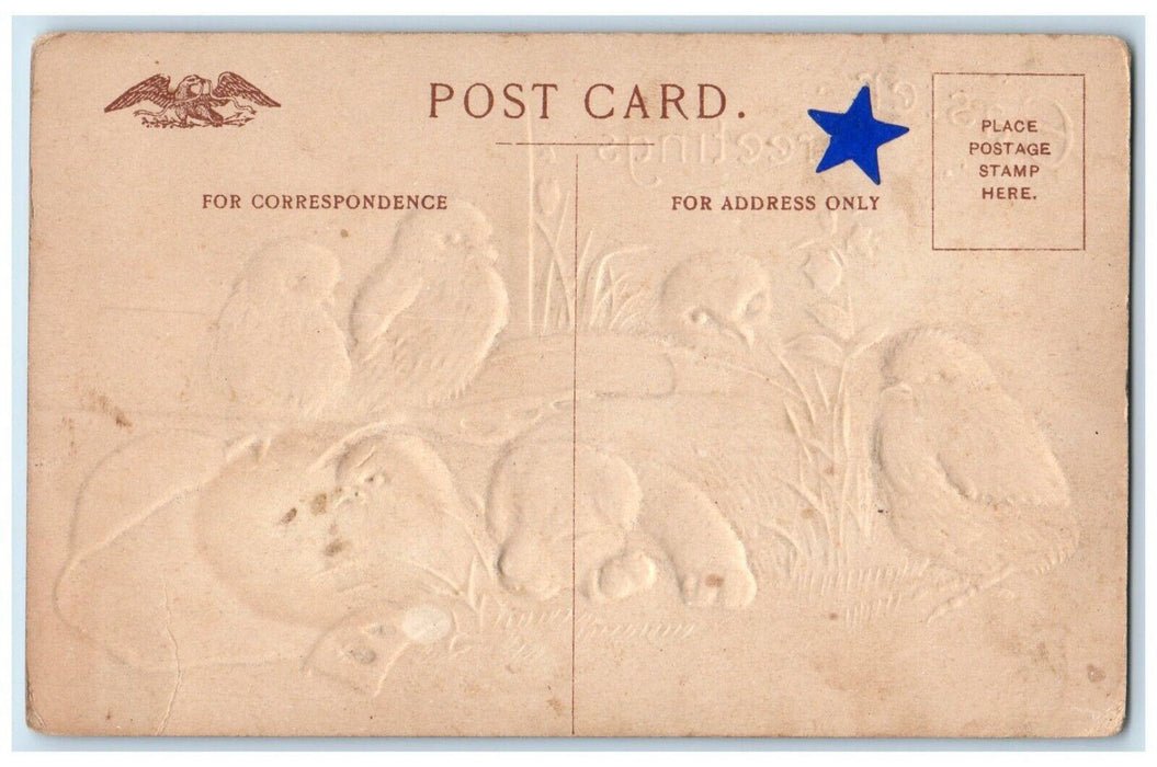 c1910's Easter Greetings Dog Puppy Chicks Flowers Embossed Antique Postcard